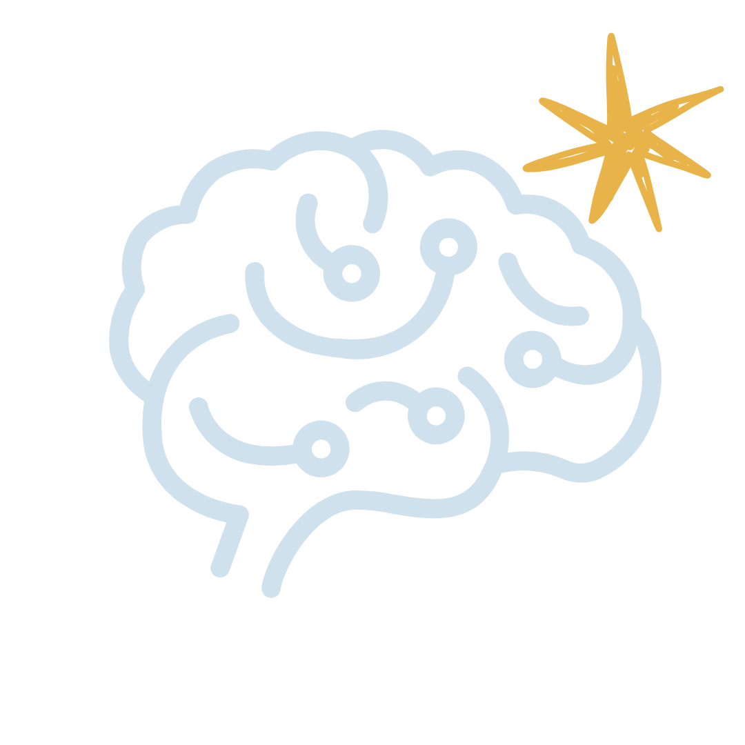 Illustration of a smiling brain with a gold star in the top right corner.