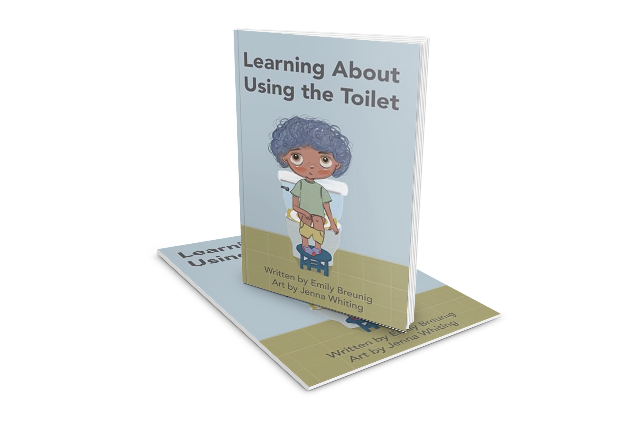 A children's book titled "Learning About Using the Toilet" with an illustration of a young child sitting on a potty