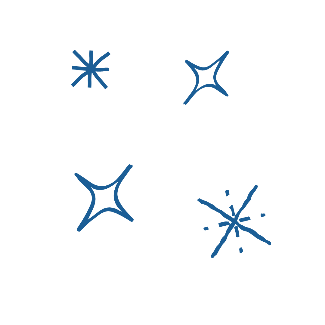 Four blue star-like sparkles, two with multiple rays and two with a curved shape, on a black background.