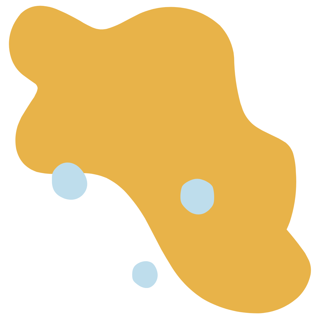 An abstract digital illustration featuring a large irregular mustard yellow shape with three small light blue circles below it.