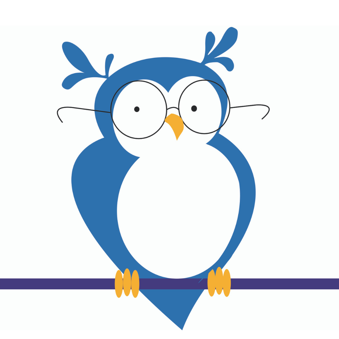 Cartoon blue owl wearing glasses, sitting on a branch.