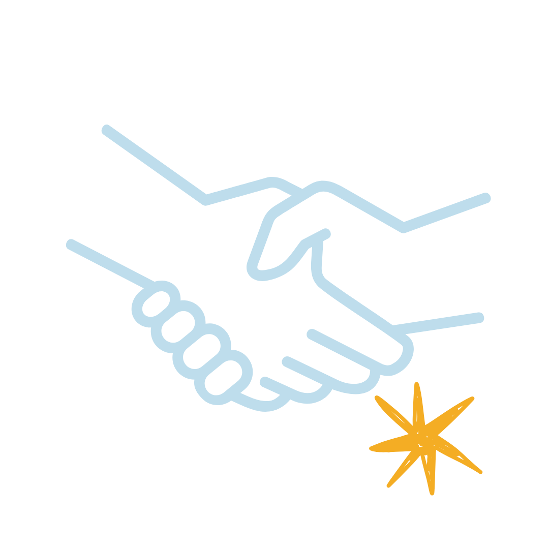 Outline of two hands shaking with a gold burst star near the bottom right.