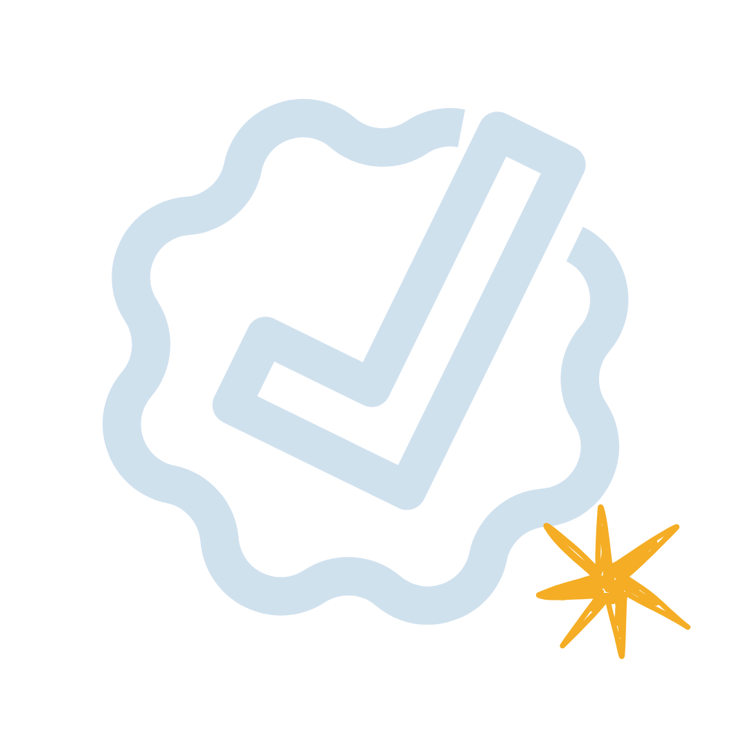 White circular sticker with a light blue checkmark inside a box, surrounded by a wavy border, and an orange star in the bottom right corner.