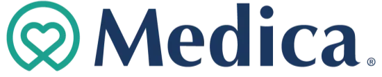 Medica logo with a stylized icon and the word 'Medica' in blue text.