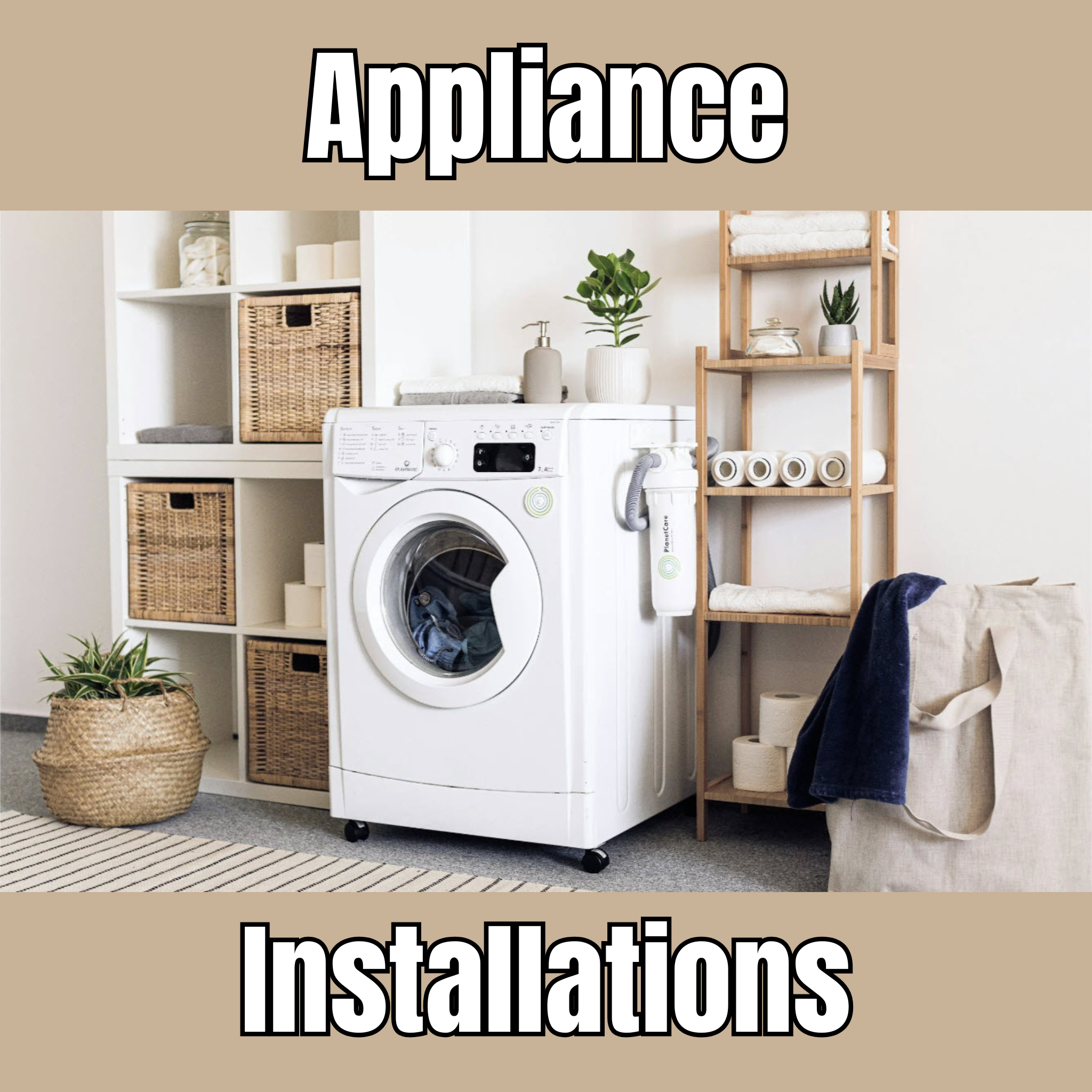 Front-load washing machine professionally installed in a modern laundry room, showcasing residential appliance installation services.