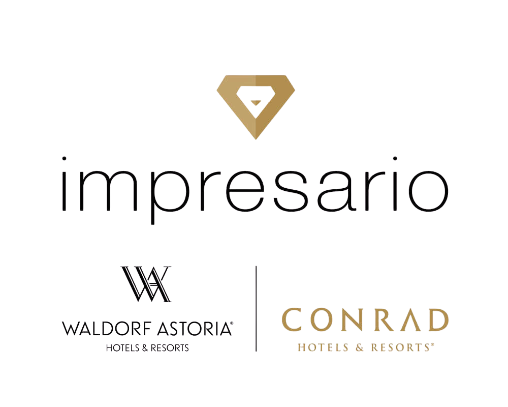 Logo for Impresario, featuring a gold diamond-shaped icon above the company name, with Waldorf Astoria Hotels & Resorts and Conrad Hotels & Resorts logos below.