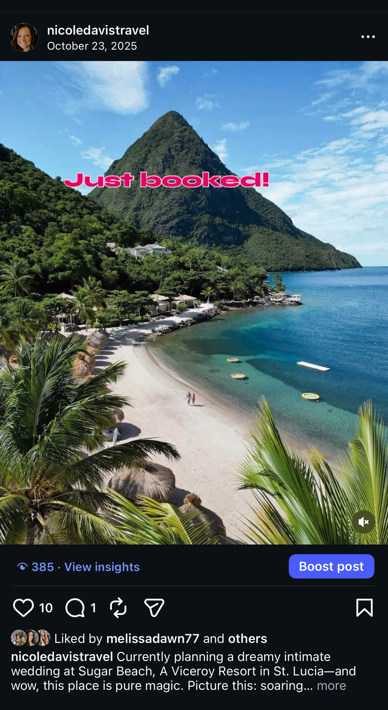 A scenic view of Sugar Beach at Viceroy Resort in St. Lucia, with a mountain in the background, palm trees in the foreground, and a calm blue sea with some floating platforms. The text "Just booked!" is overlaid on the image.