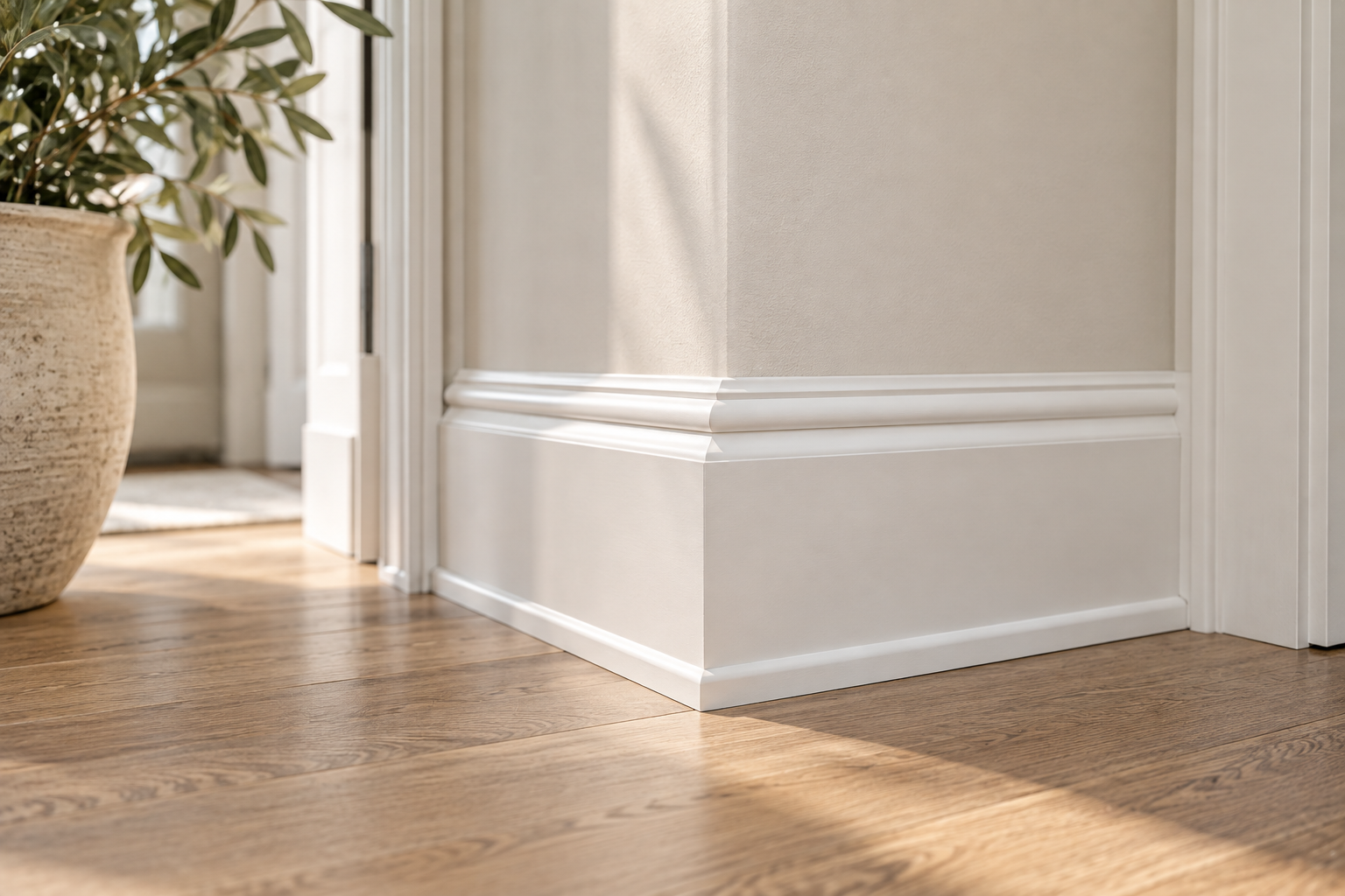 Close-up of a room corner with beige walls, white baseboard molding, and hardwood flooring, with sunlight casting shadows.