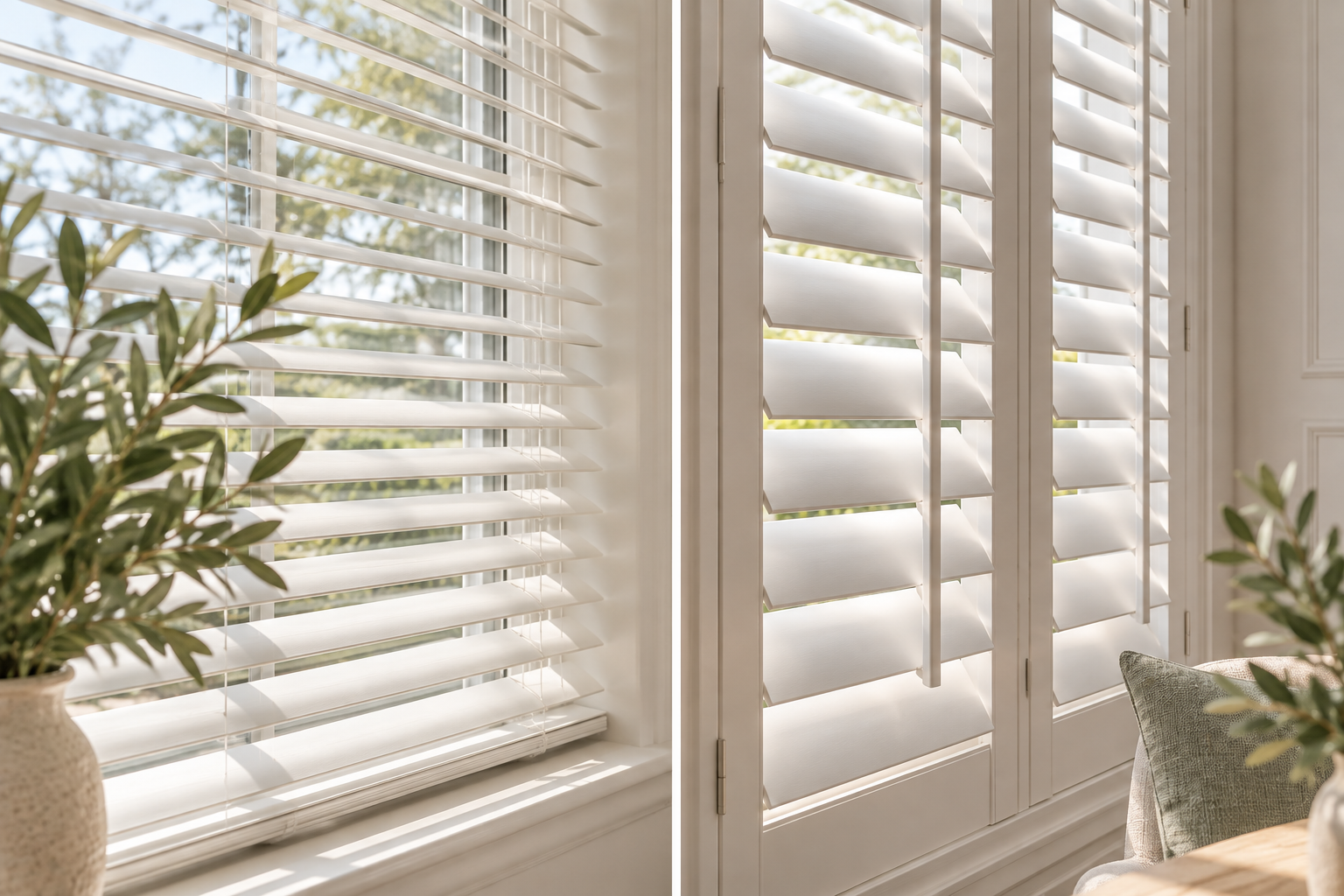 Sunlight filters through white plantation shutters on windows, with a potted plant on the windowsill and part of a sofa visible.