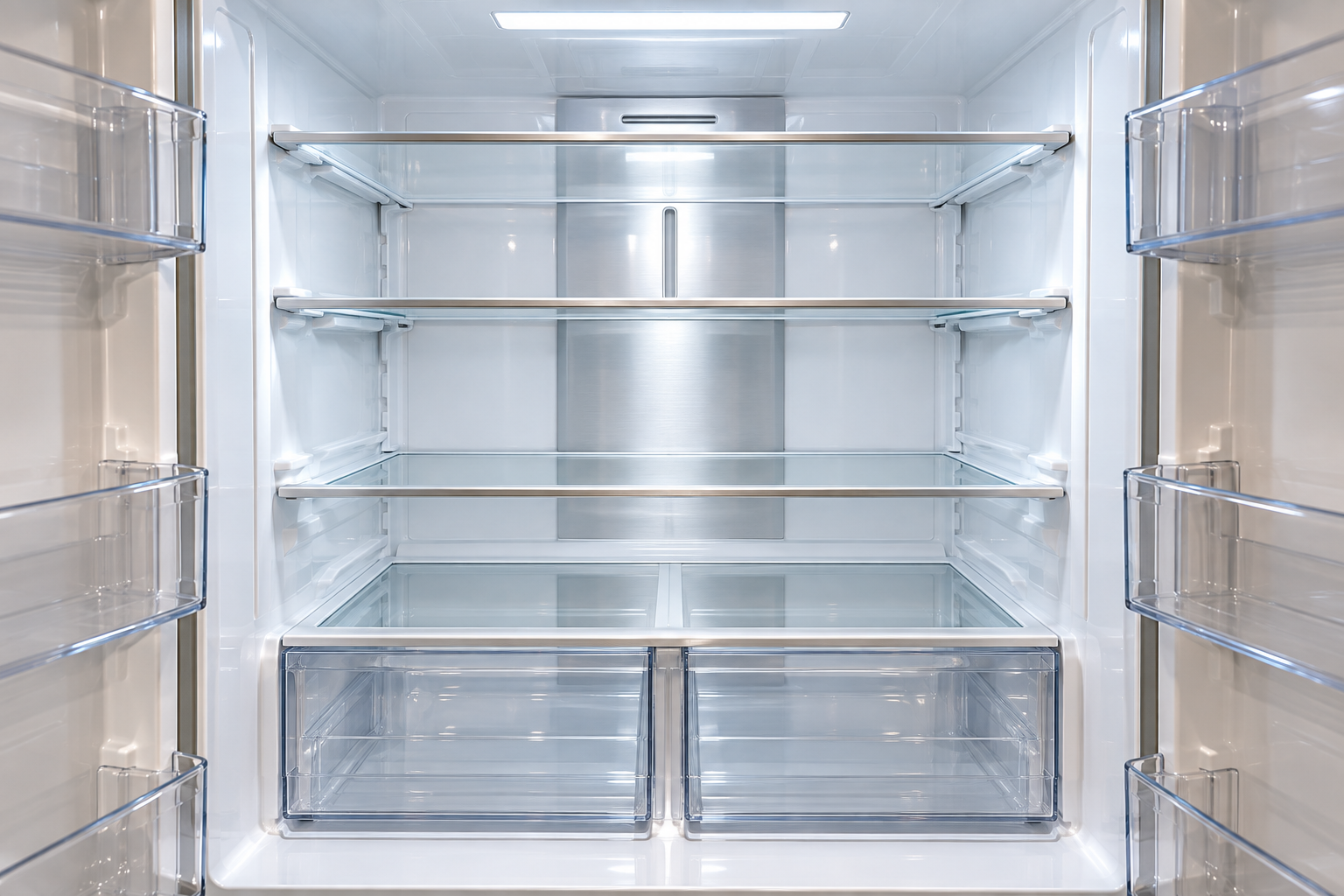 Empty modern white refrigerator with glass shelves and clear plastic drawers.
