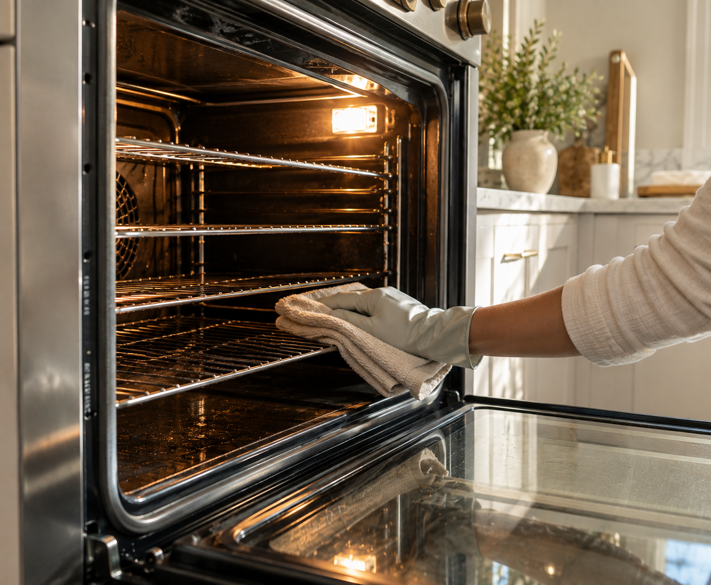 Person wearing gloves placing a baking sheet in an oven.