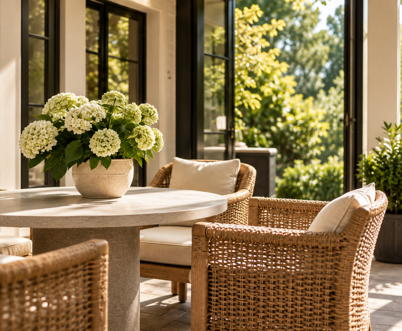 A sunlit patio dining area with a round table, wooden wicker chairs with cream cushions, a large potted hydrangea with white flowers on the table, and open glass doors revealing lush green trees outside.