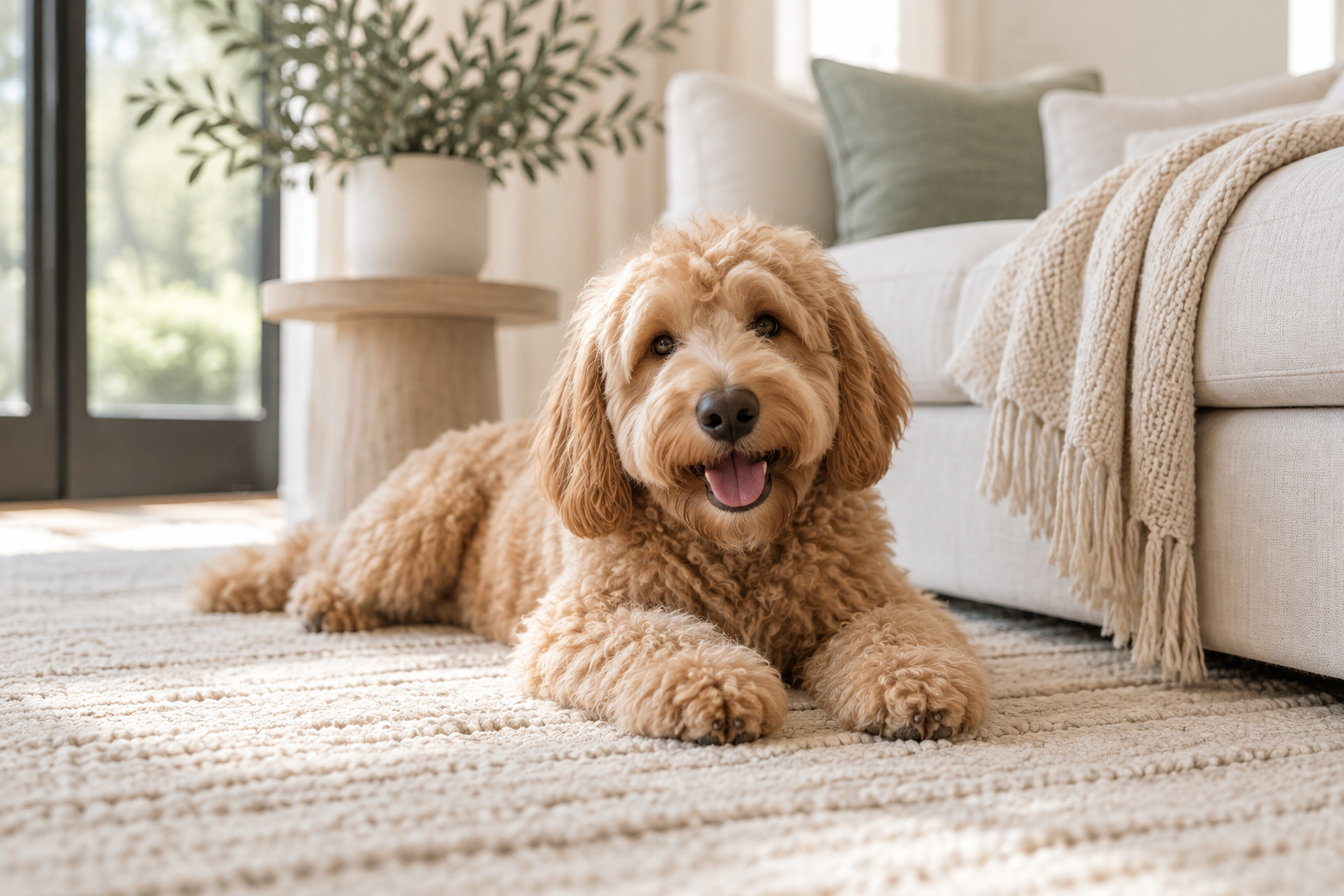 Labradoodle dog lying on a beige rug in a cozy living room, smiling with its tongue out, in front of a cream-colored sofa with green cushions and a blanket, next to a side table with a potted plant.