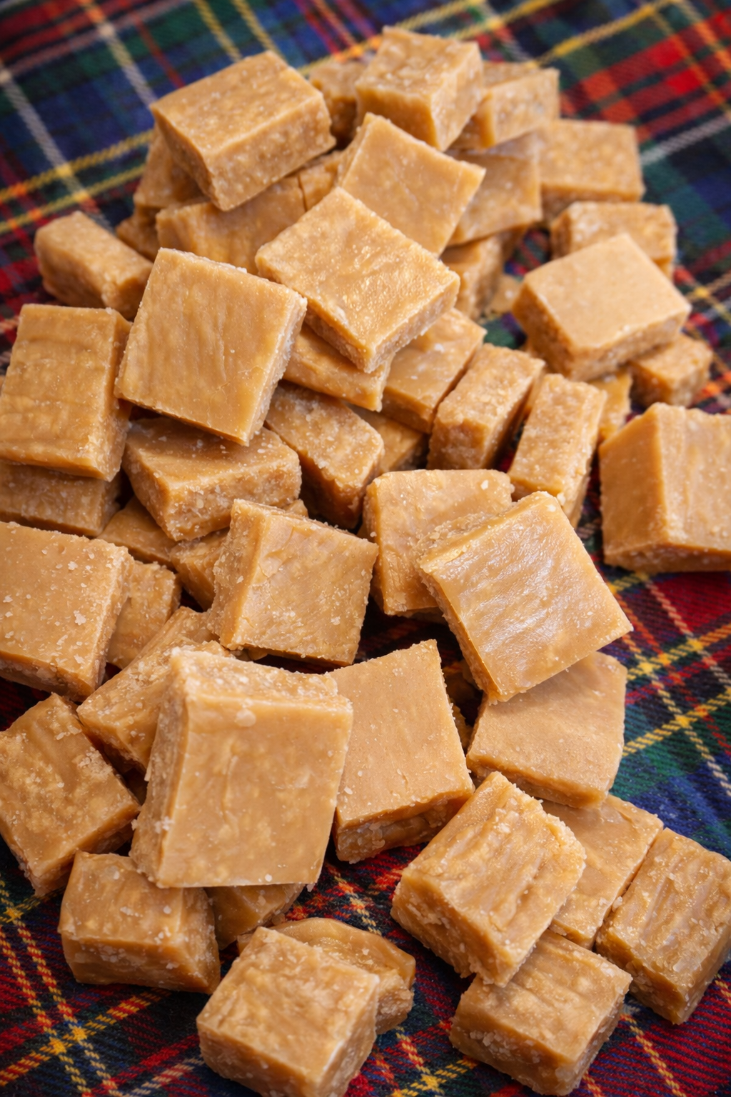 Close-up of multiple squares of caramel fudge on plaid fabric.