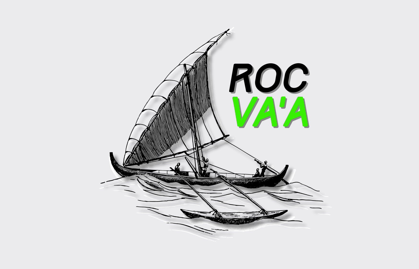 Ilustração de uma embarcação típica de navegação na água, com pessoas a bordo, com palavras "ROC VA'A" ao lado.