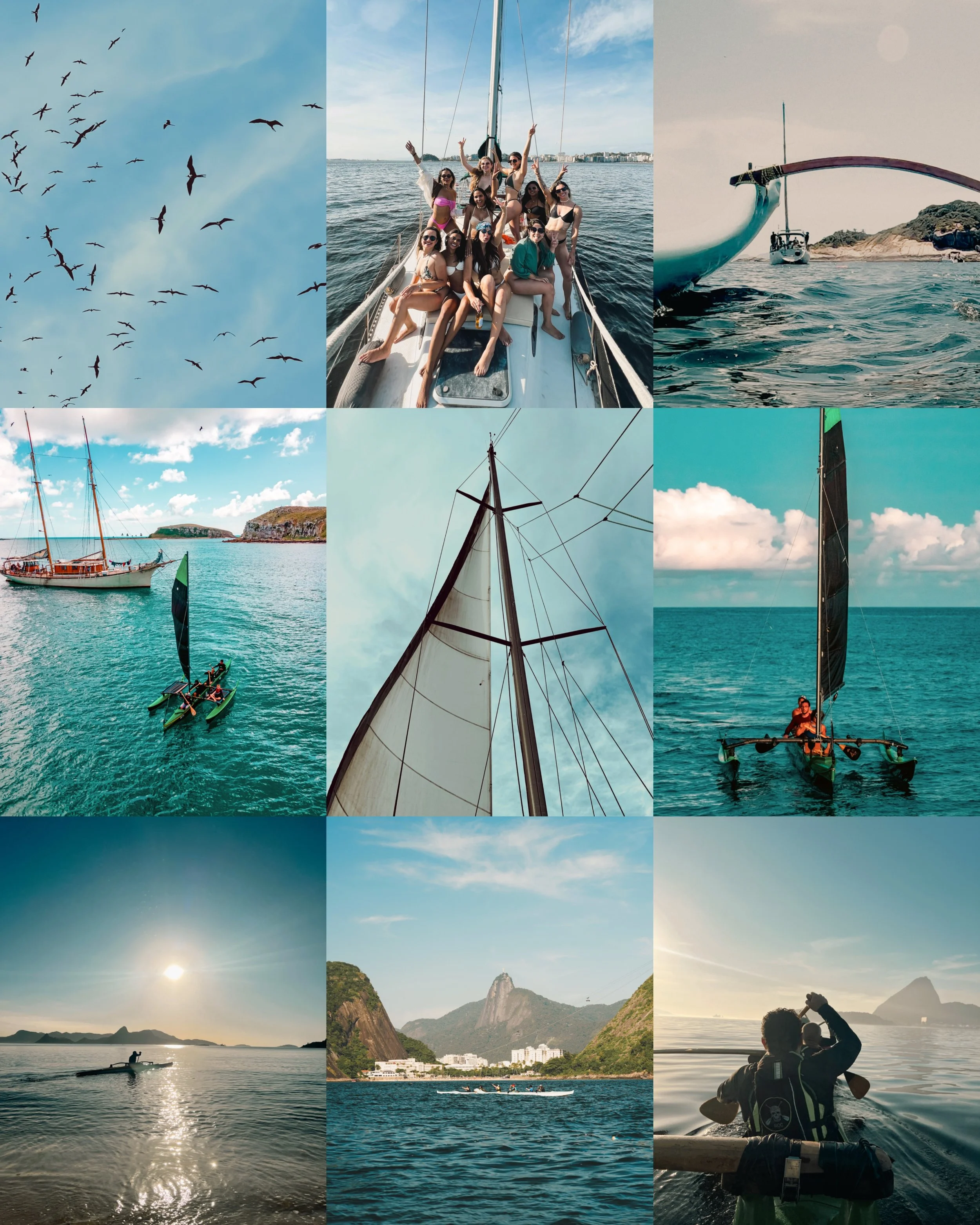 Fotos de atividades náuticas incluindo pássaros ao céu, grupo de pessoas em um veleiro, veleiros em mar aberto, uso de vela, pôr do sol na água, e pessoas praticando caiaque e remo ao pôr do sol.