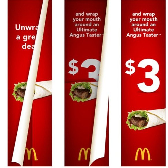 Triptych of McDonald's promotional flyers featuring a wrap sandwich with a hamburger patty, lettuce, tomato, and wrapped in a white tortilla wrapper with red background. Each flyer displays the price as $3 and includes the McDonald's logo at the bottom.