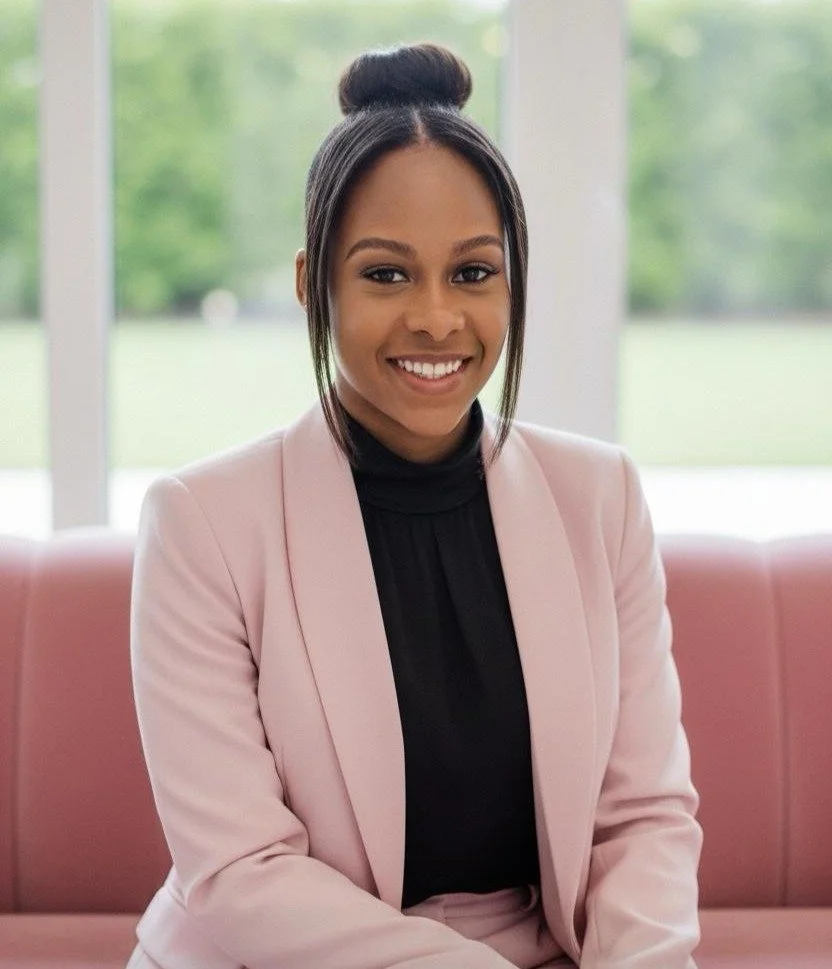 Young woman sitting on pink couch, smiling, wearing a black turtleneck and light pink blazer, with eco-friendly background visible through windows