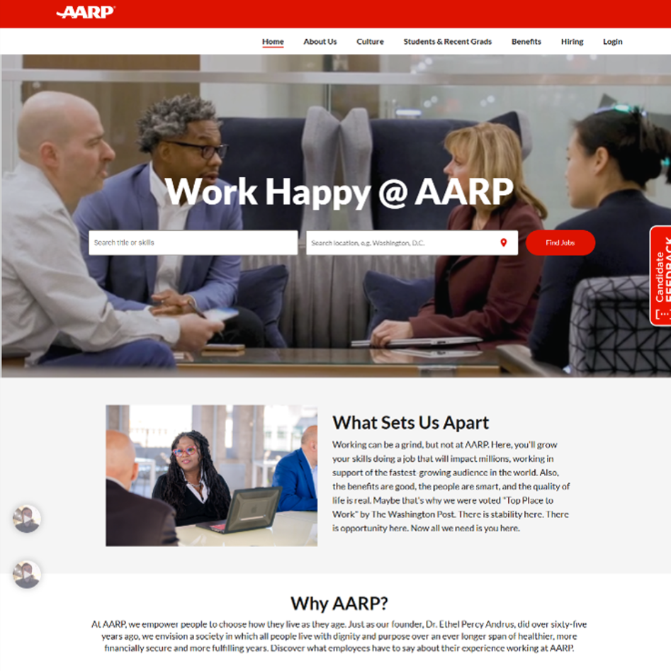 A webpage for AARP job search featuring a hero image of four diverse professionals in a meeting room, with a search bar for skills and location, and a red 'Find Jobs' button.