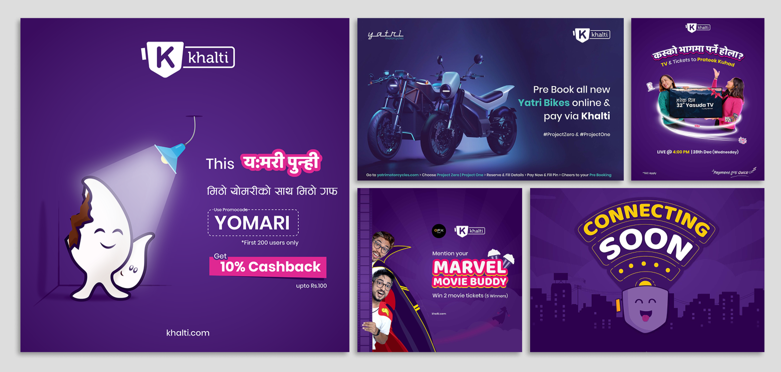 A promotional poster for Khalti, a digital payments platform, featuring a cartoon character of a smiling egg with a light shining down on it, offering a 10% cashback for first 200 users using the code YOMARI. The background is purple.