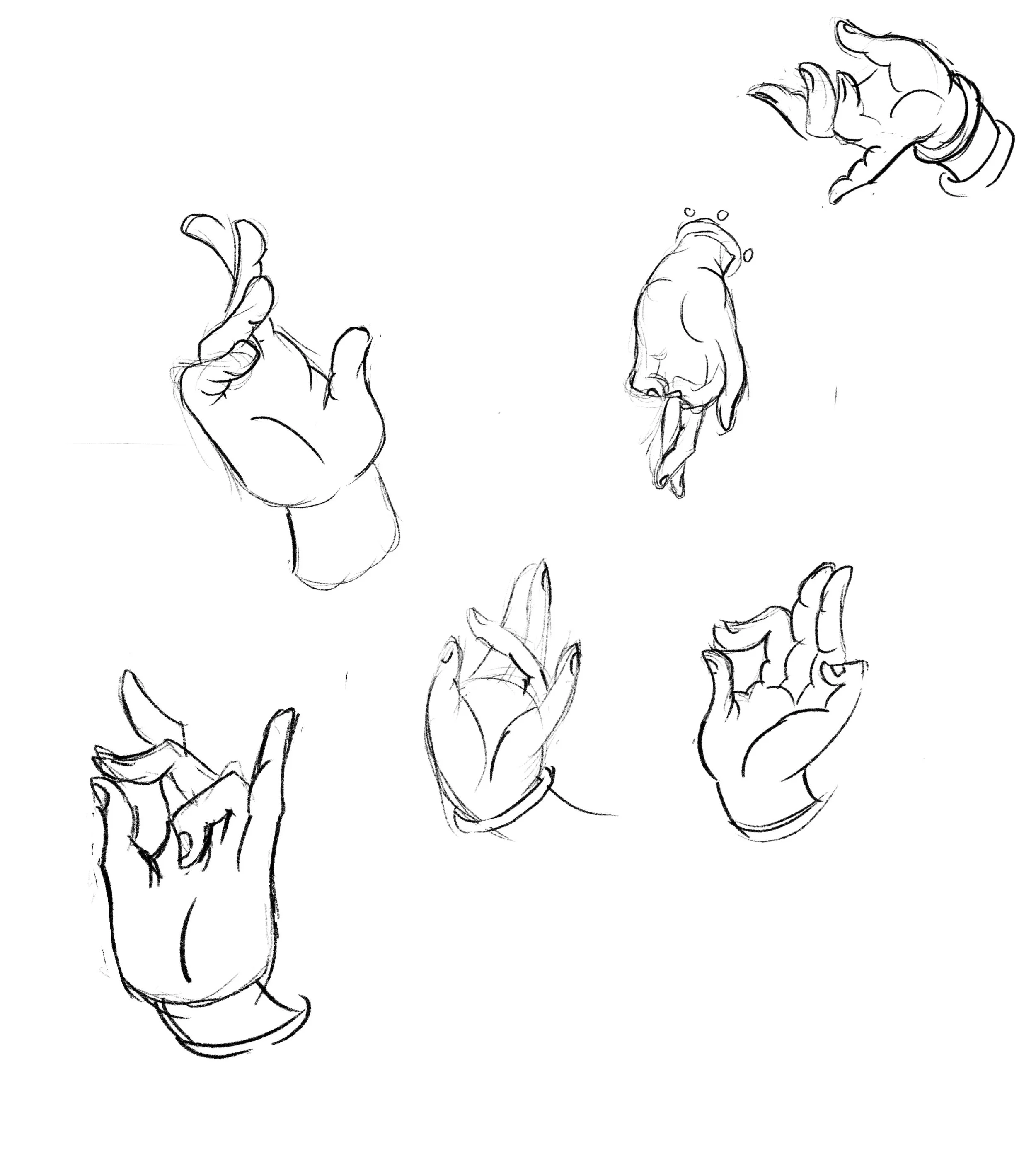 Sketches of various hand gestures, showing different positions and styles.