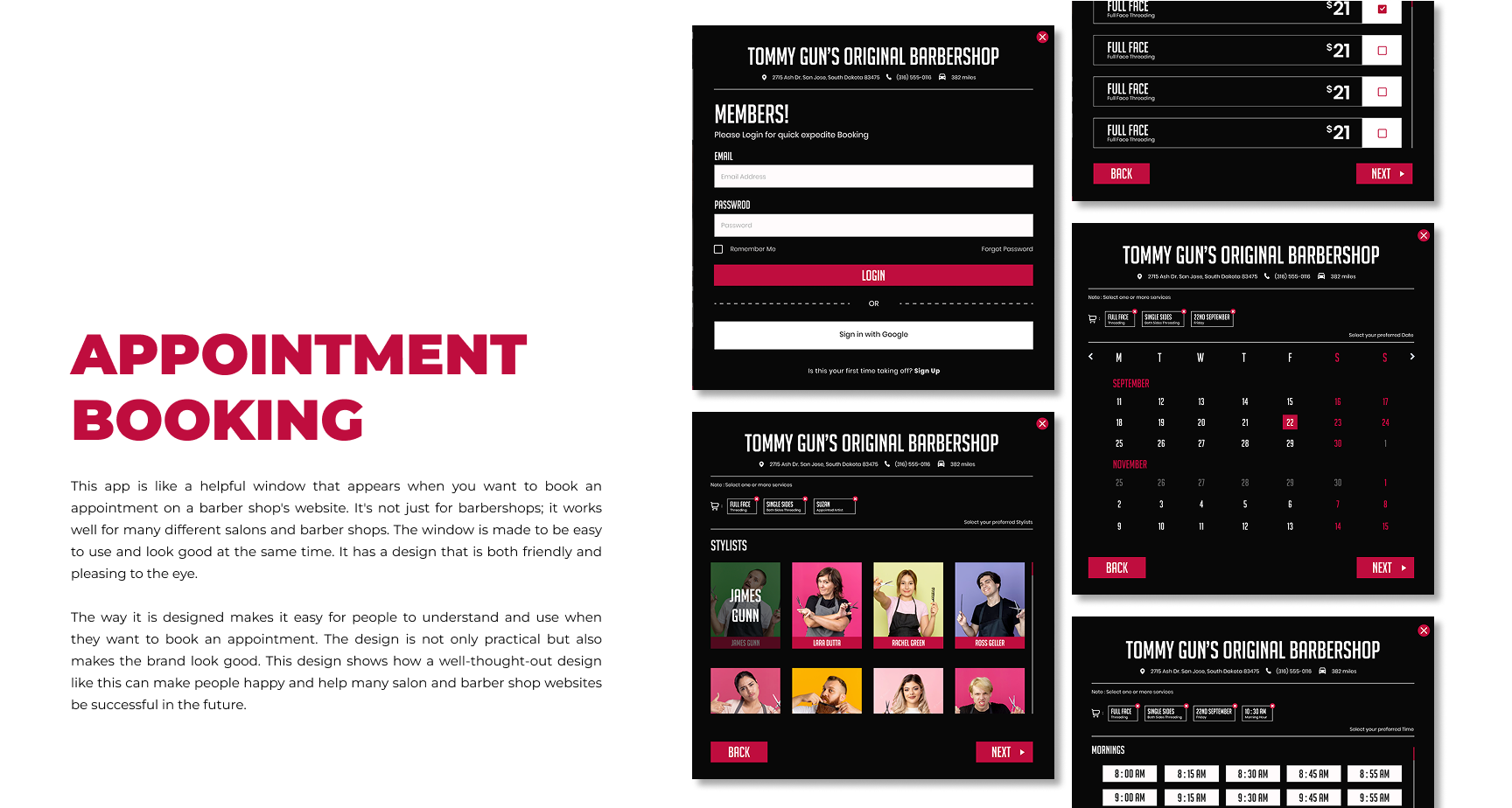 A webpage showing appointment booking interface for Tommy Gun's Original Barbershop, with sections for login, selecting services, stylists, calendar, and times, featuring black and pink color scheme.