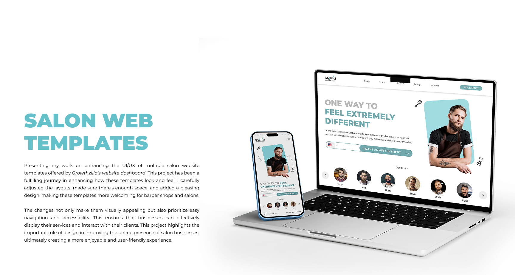 A website presentation for salon templates displayed on a laptop and a smartphone showing a hairdresser with the headline "One way to feel extremely different" and an appointment button.