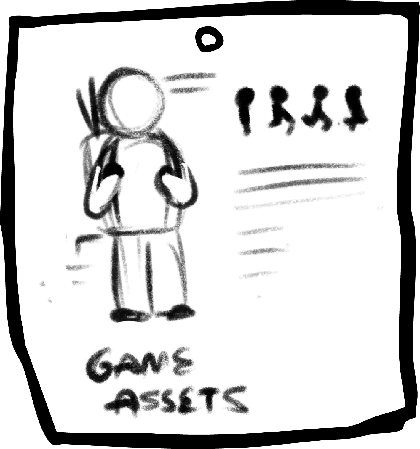 A hand-drawn game asset sheet featuring a simplified cartoon character with a round head, no facial features, and a backpack. The sheet includes a list of four character skins on the right side and the words 'GAME ASSETS' at the bottom.