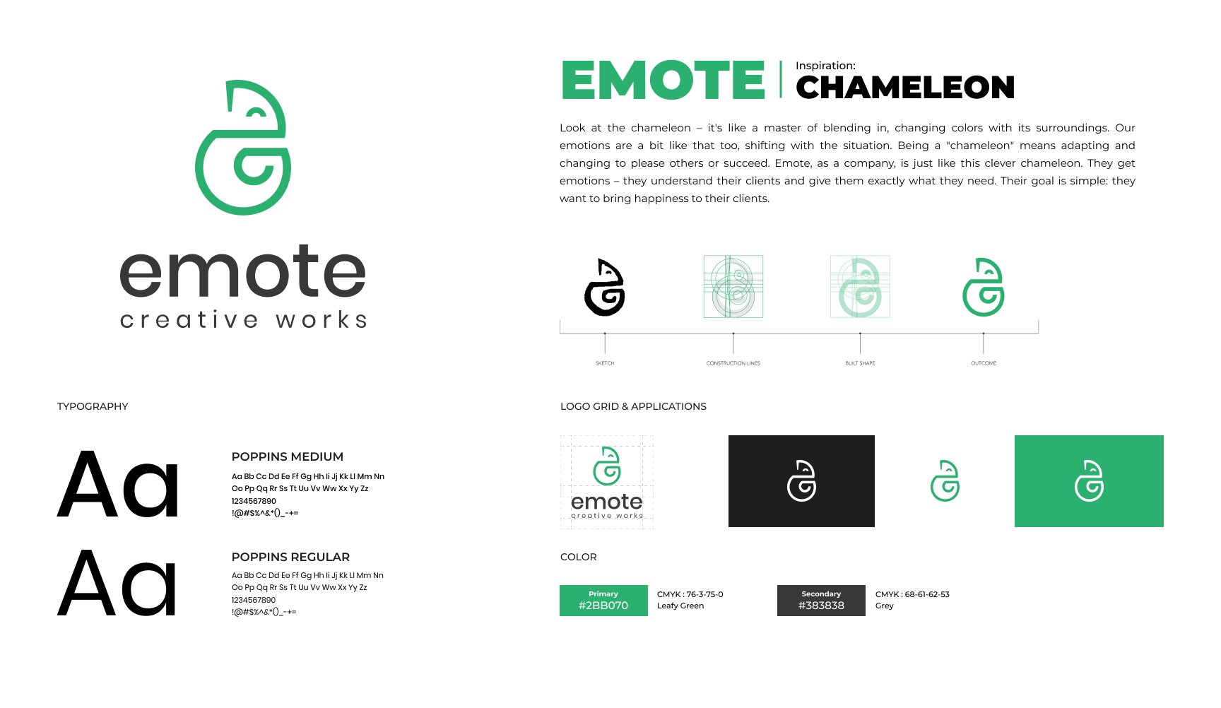 Branding board for Emote Chameleon logo featuring a green stylized chameleon icon, logo grid, and color palette with primary green (#2BB070) and secondary grey (#383838).