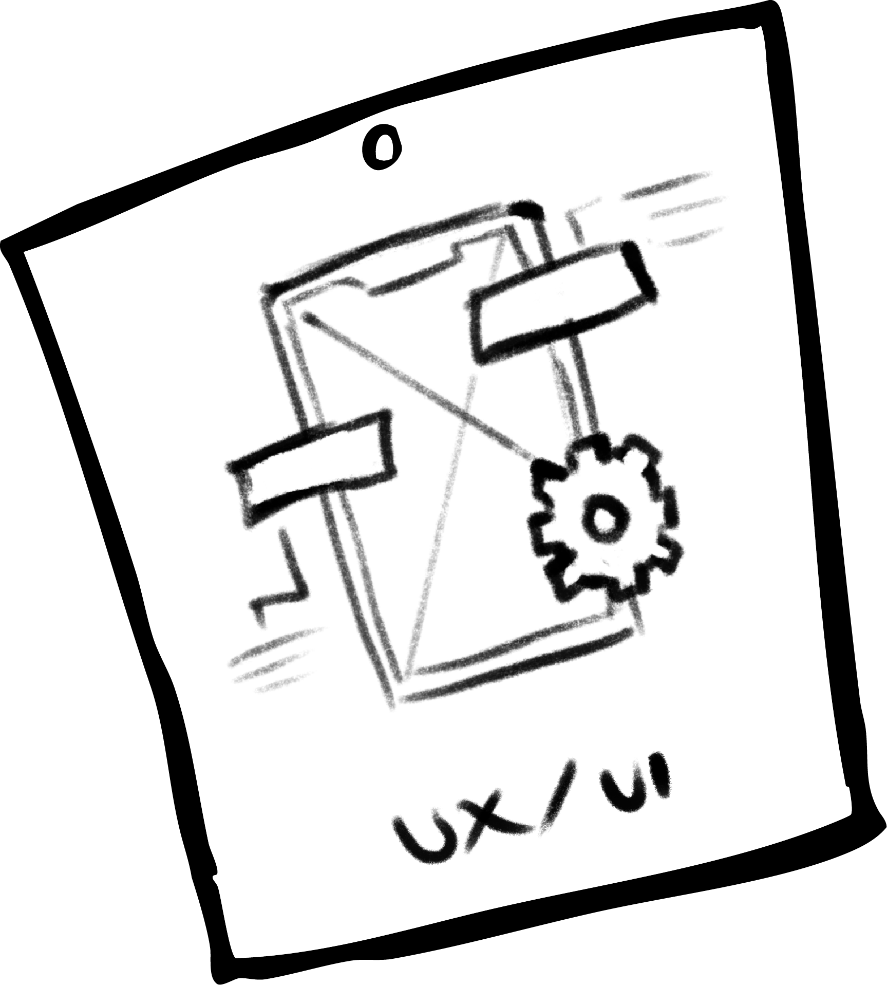 A sketch of a 3D box with a gear, two arrows, and a line connecting points labeled UX/UI