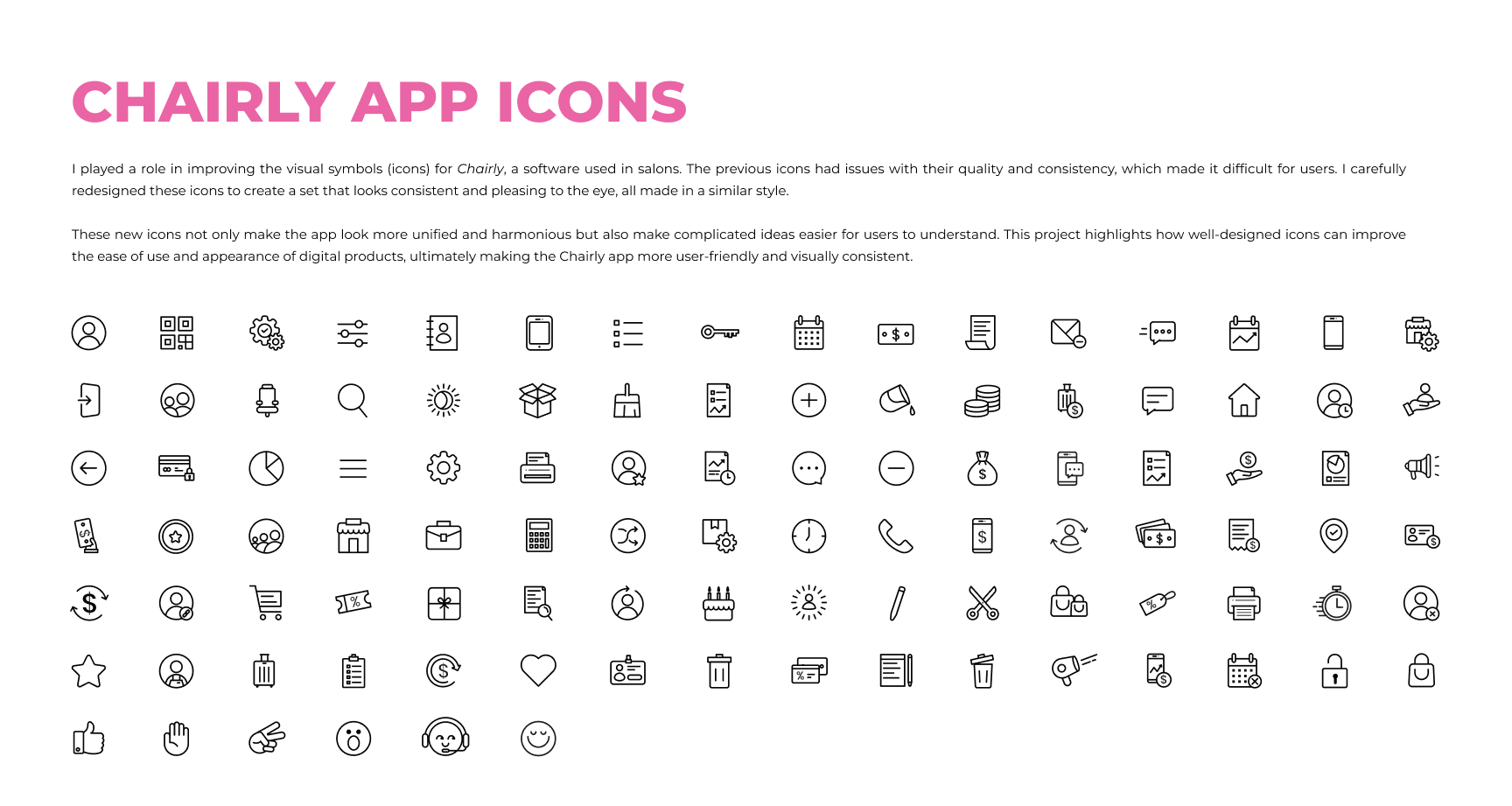 A collection of black and white line icons related to app functions and features, organized in rows with a title 'Chairly App Icons' in pink text at the top.