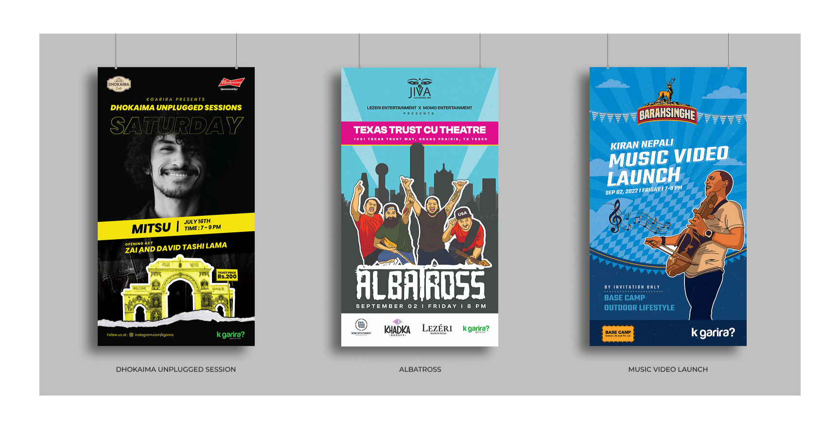 Three event posters are displayed. The first poster is for Dhokaima Unplugged Sessions featuring Mitsu, scheduled for July 16th, 7 to 9 PM, with Zai and David Tashi Lama as opening acts. The second poster promotes Albatross, a music event on September 2nd at 6 PM, featuring a group of five men with instruments and a cityscape background. The third poster is for Kiran Nepali's Music Video Launch on September 2, 2022, from 7 to 9 PM at Base Camp, an outdoor lifestyle venue, featuring a person with a guitar.