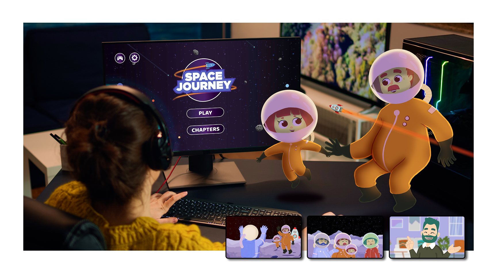 A woman wearing headphones sitting at a desk playing a computer game called 'Space Journey' on a monitor with two animated characters in astronaut suits floating in space. Additionally, there are three smaller images at the bottom showing animated characters on the moon, a group of astronauts in space, and a man with a beard smiling.