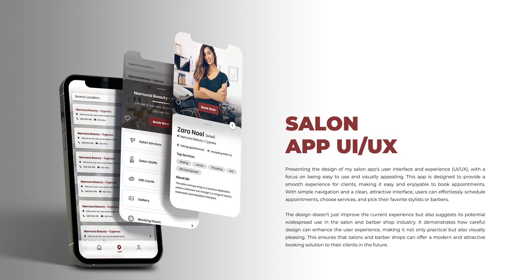 Mockup of a salon booking app interface showing a photo of a woman, salon services, staff, gift cards, gallery, and working hours on a smartphone screen. The right side contains text about salon app UI/UX design.