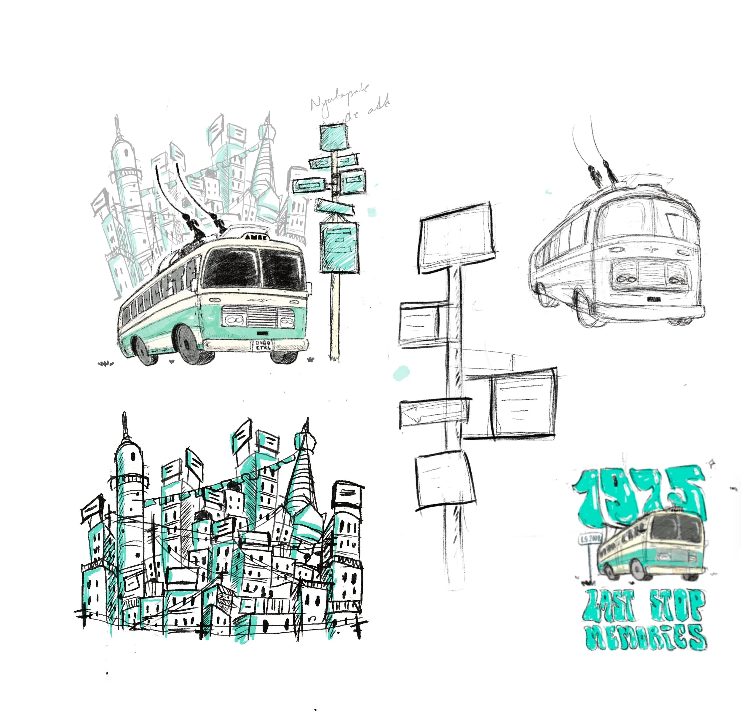 Sketches of a vintage bus in an urban cityscape, with tall skyscrapers, signs, and graffiti-style text that reads '1925 Last Stop Memories'.