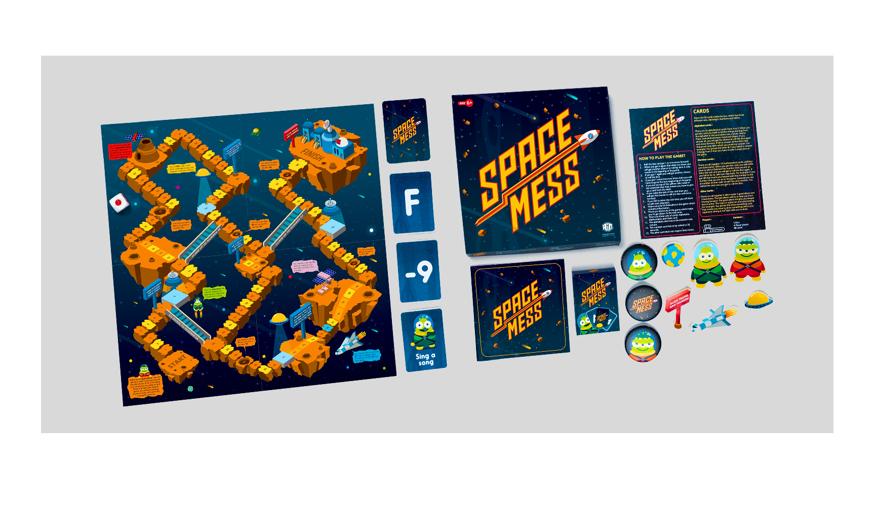 Board game setup for 'Space Mess' with game board, cards, tokens, and game pieces featuring aliens and space themes, on a light gray surface.