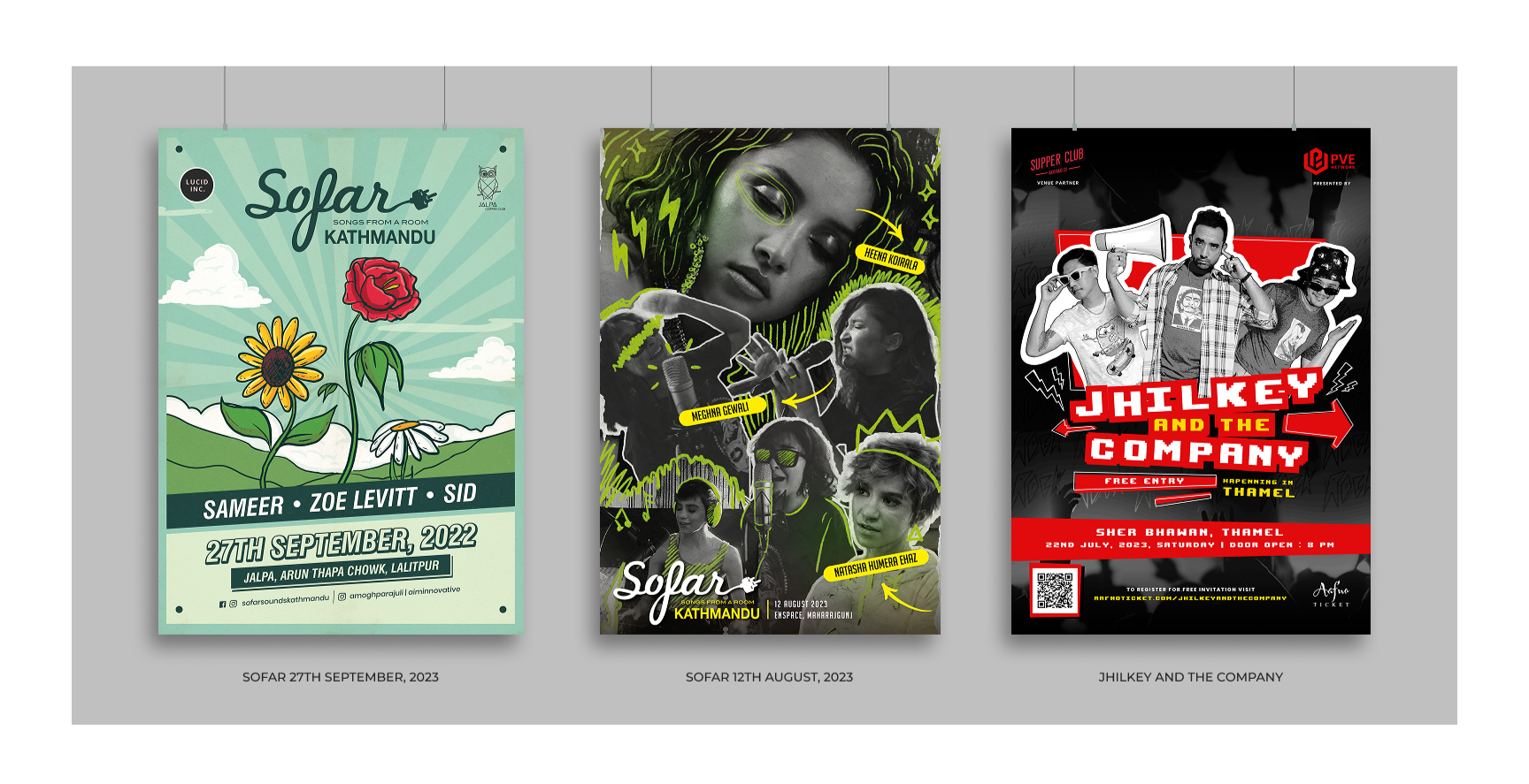 Three posters for events displayed on a gray background. The first poster promotes SOFAR Kathmandu event on September 27, 2023, with flowers, clouds, and a sunny sky. The second poster advertises a SOFAR Kathmandu event on August 12, 2023, with images of women, keywords, and music elements. The third poster is for JHILKEY AND THE COMPANY event on July 22, 2023, with images of three men, a megaphone, and bold red and black graphics.
