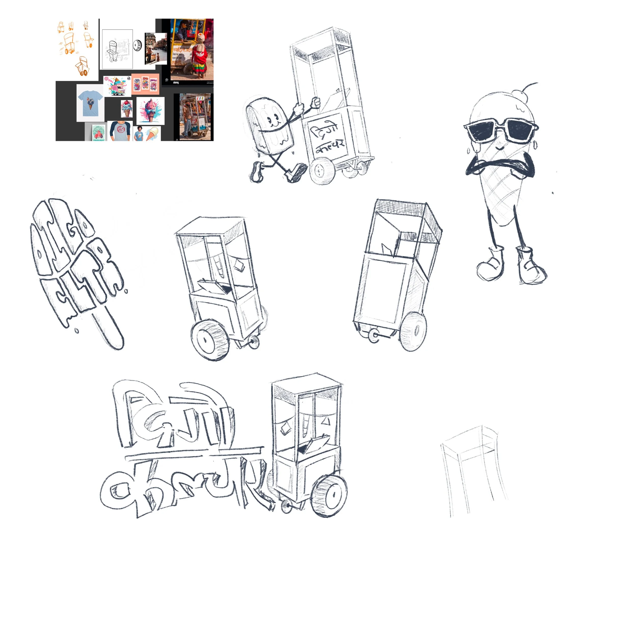 Sketches of ice cream carts, a character with sunglasses and an ice cream cone with arms crossed, and colorful merchandise images in the corner.