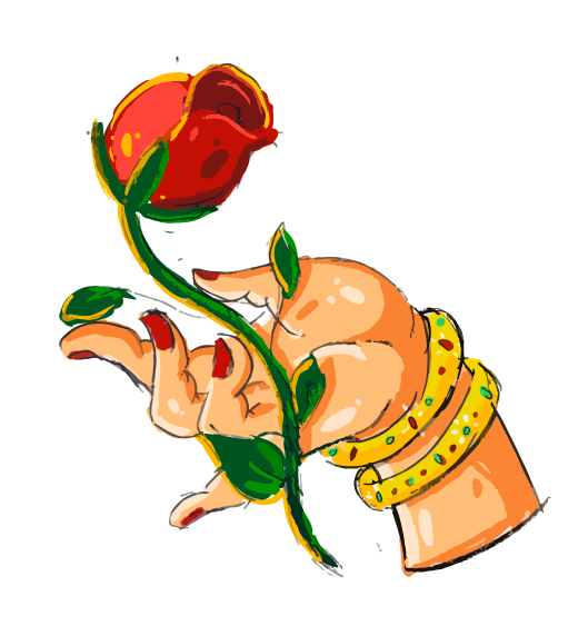 Illustration of a hand with red-painted nails holding a rose with a long green stem and yellow leaves, wearing two yellow bangles with black dots.