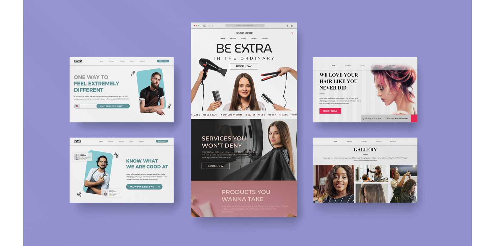 Multiple webpage layouts for a beauty salon or barber shop, featuring images of stylists, hair products, and salon services on a purple background.