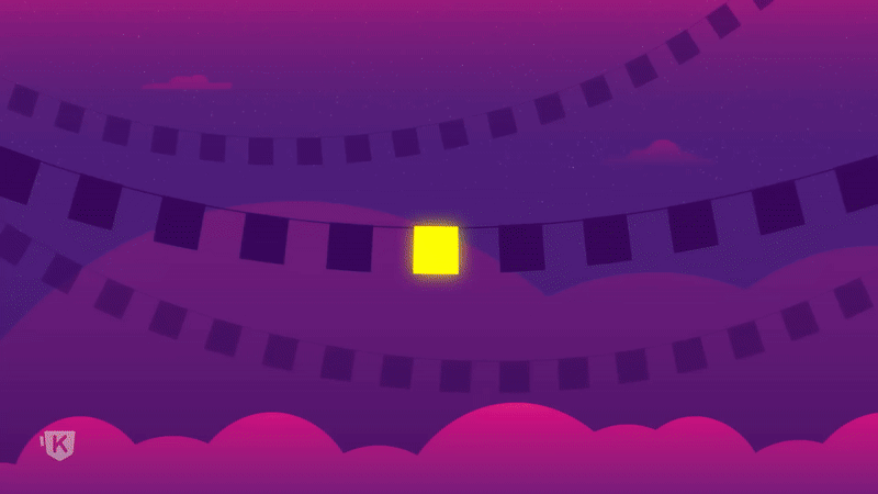 Animated scene with purple and pink clouds, string lights hanging across the sky, and a glowing yellow square in the center.