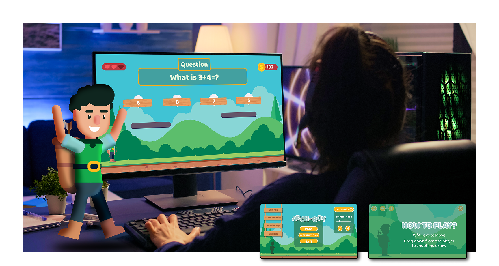 Person sitting at a computer desk playing an educational game on the screen, which features a cartoon character, a mountain landscape, and a math question asking "What is 3+4?" with multiple choice answers. The screen also displays game menus and instructions.