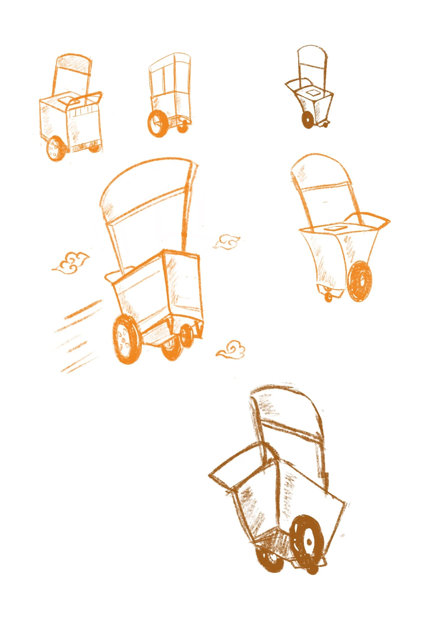 Sketches of a hand truck or dolly in various angles and stages of design, drawn in orange and brown tones.