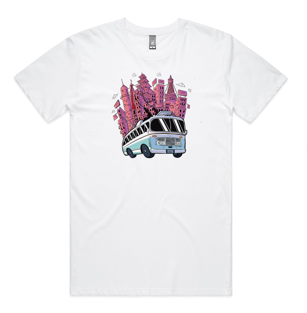 White T-shirt with a graphic design of a vintage bus driving through a colorful city with skyscrapers and towers.