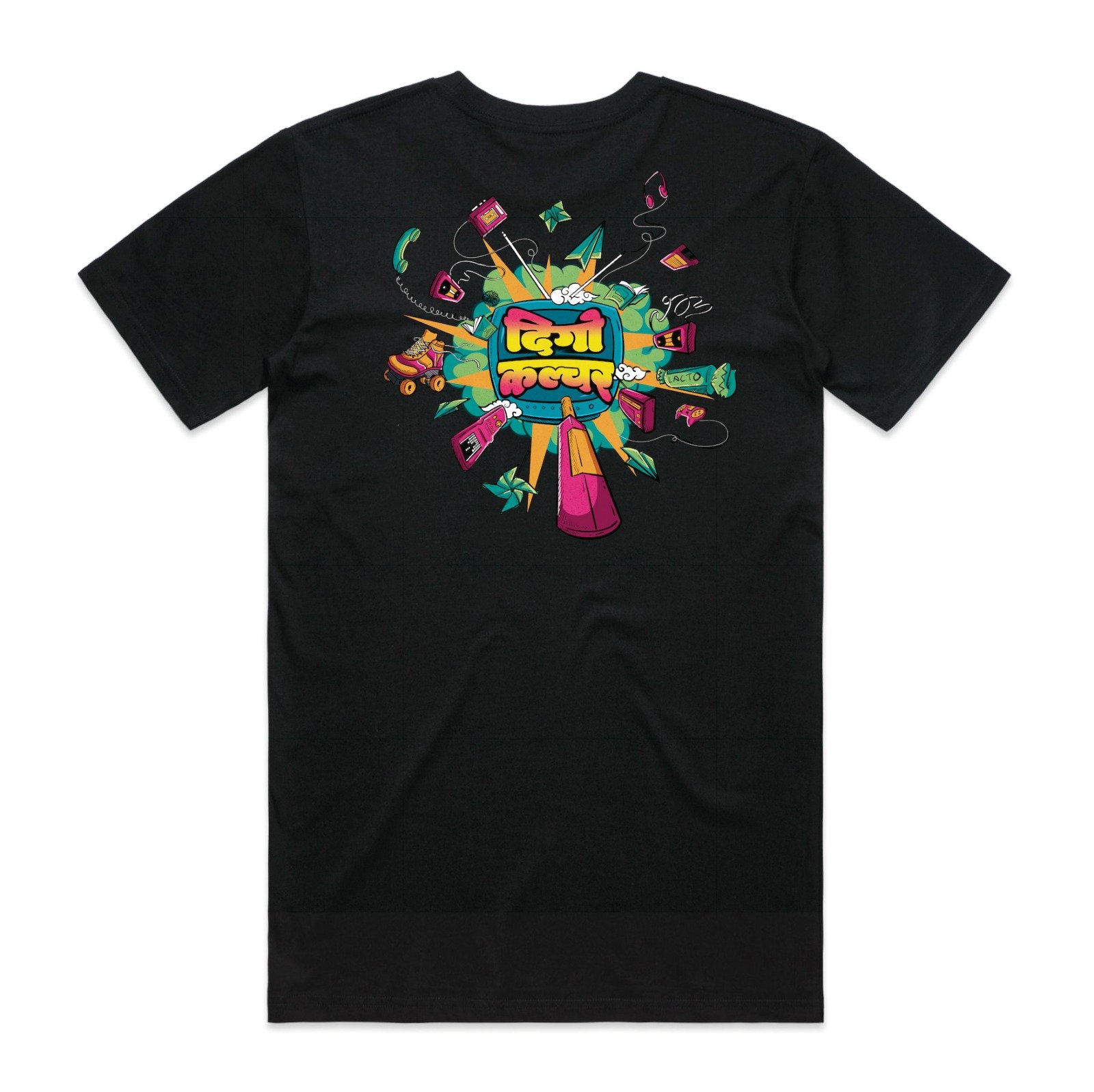 Black T-shirt with colorful graphic design featuring electronic gadgets, a roller skate, and bold text in an Asian script.