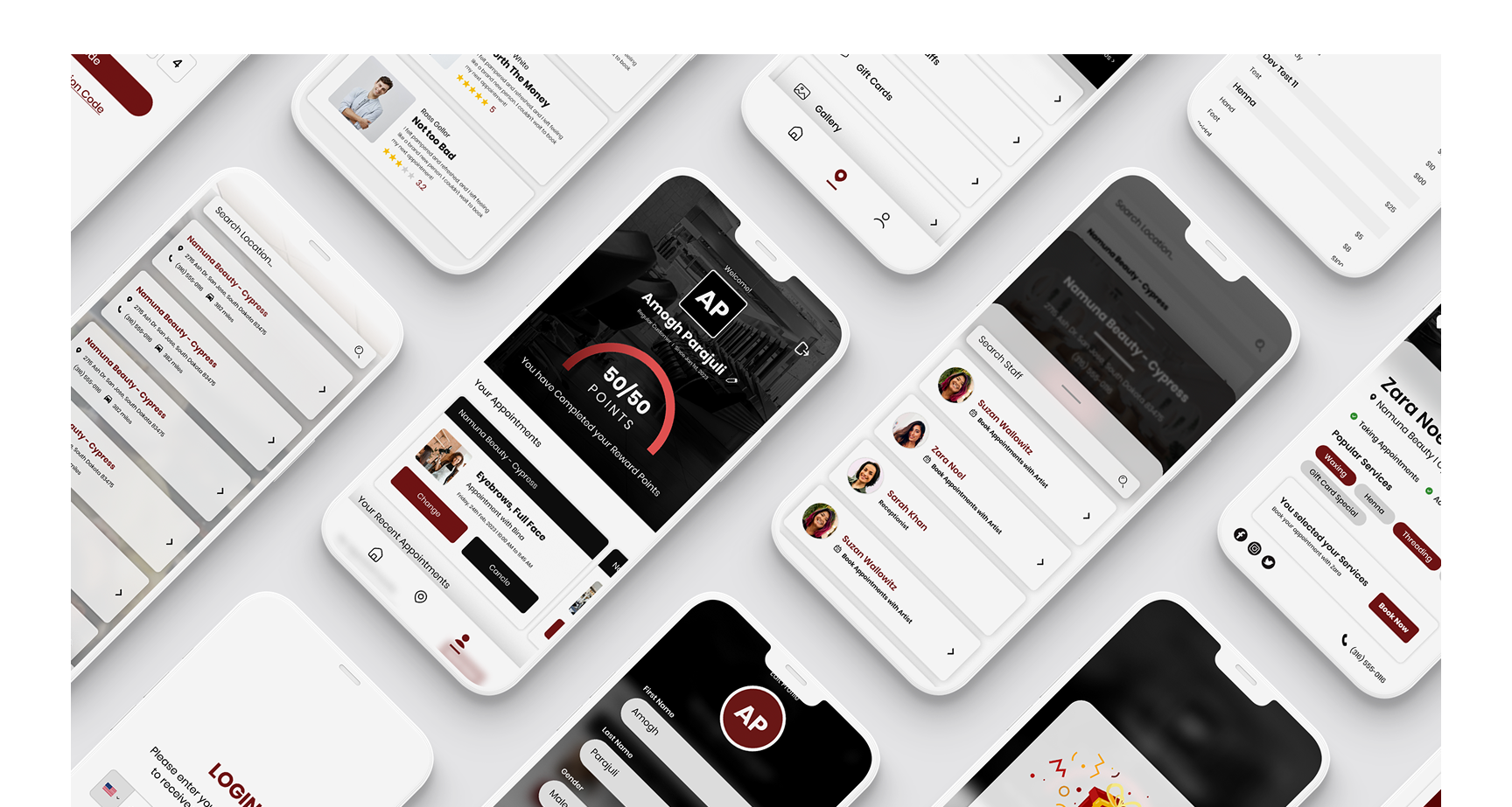 Multiple smartphone screens displaying a mobile app interface for scheduling appointments, tracking reward points, searching locations, and managing services.