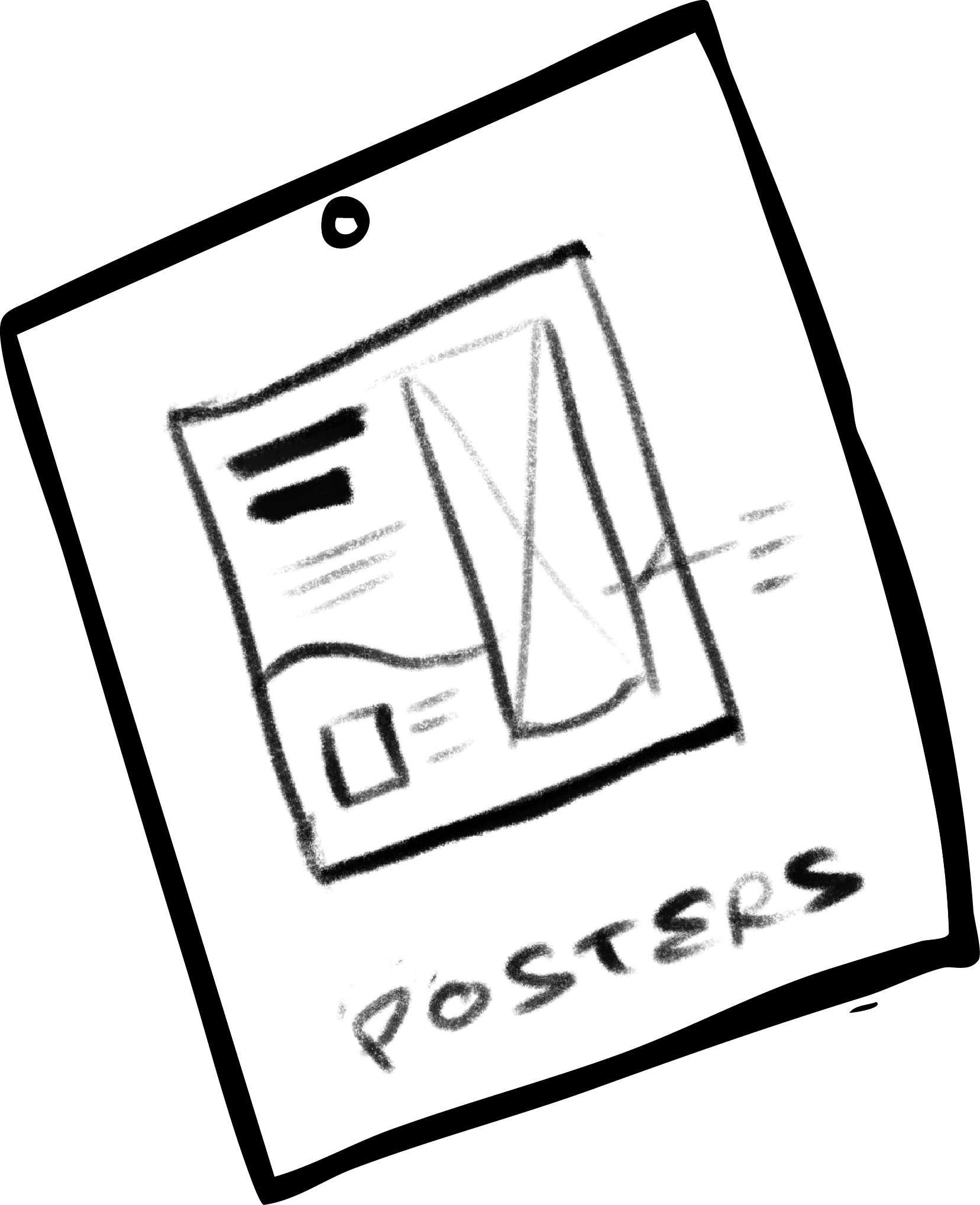 Sketch of a poster or flyer with the word 'POSTERS' at the bottom, featuring various abstract shapes and lines.