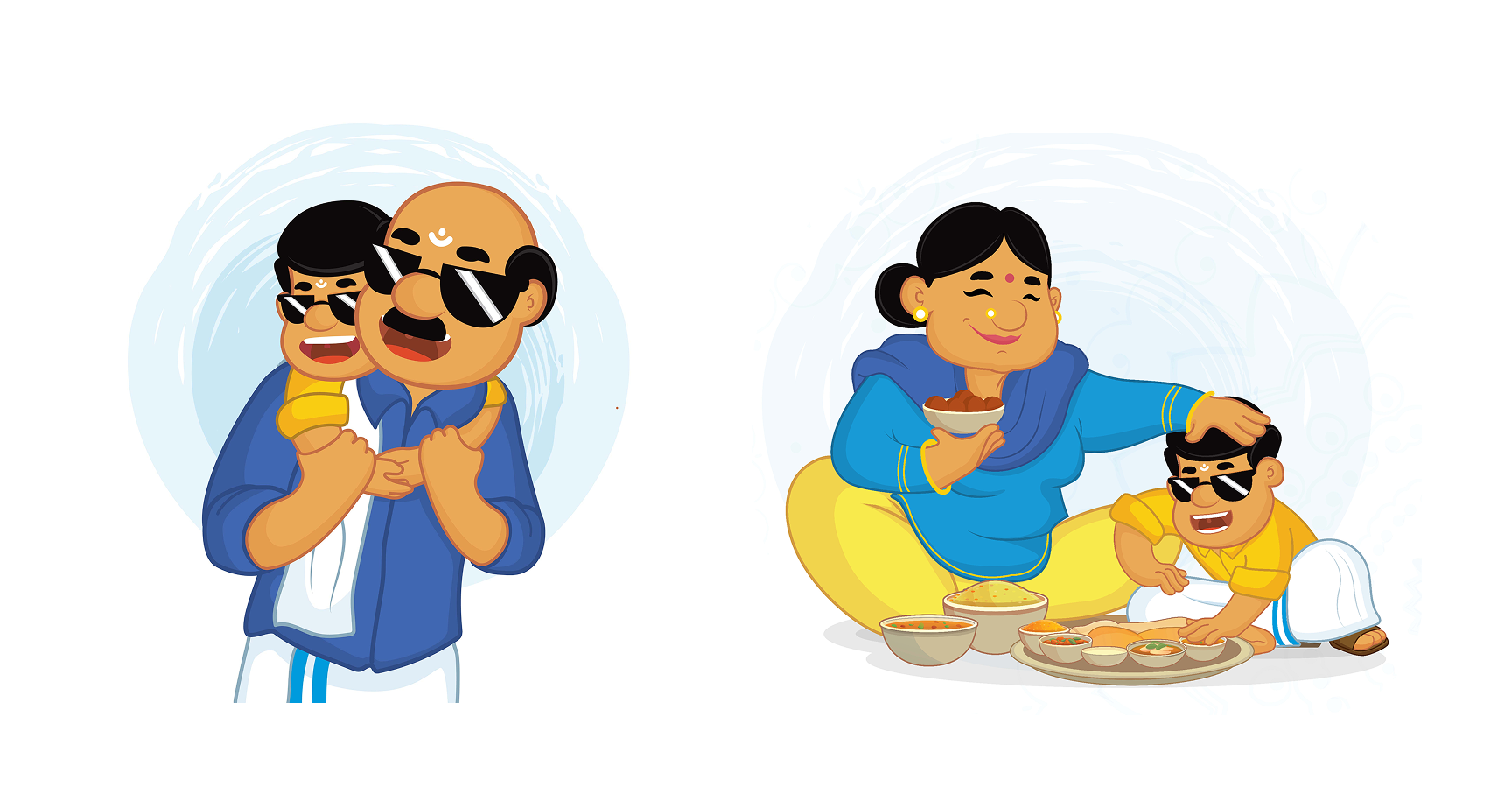 Illustration of a family enjoying a meal together, with two men wearing sunglasses on the left and a woman on the right holding a bowl of food, with a child nearby.