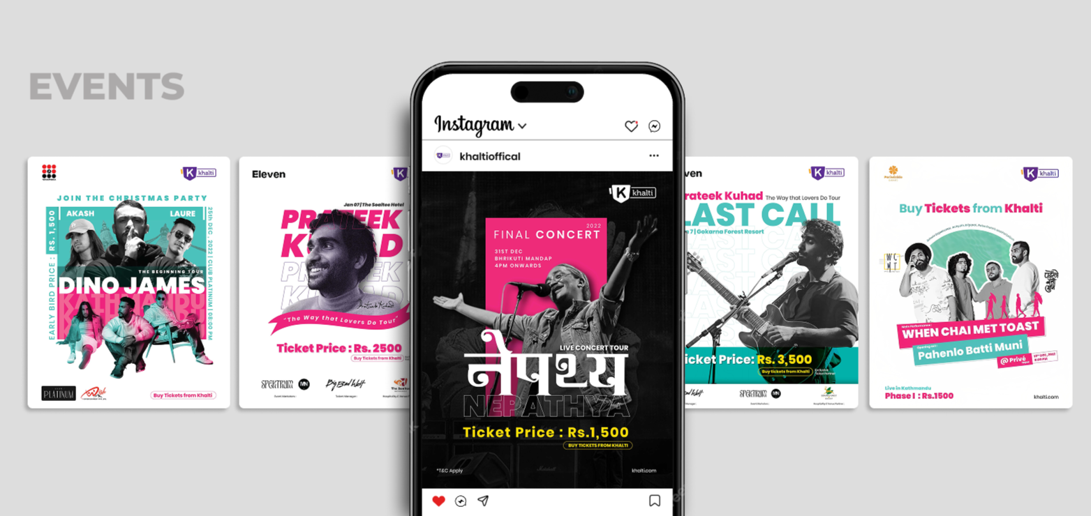 Smartphone displaying an Nepali concert poster with a singer on stage, ticket price Rs. 1,500, and event details. Surrounding posters feature various musical performances and events in vibrant colors.
