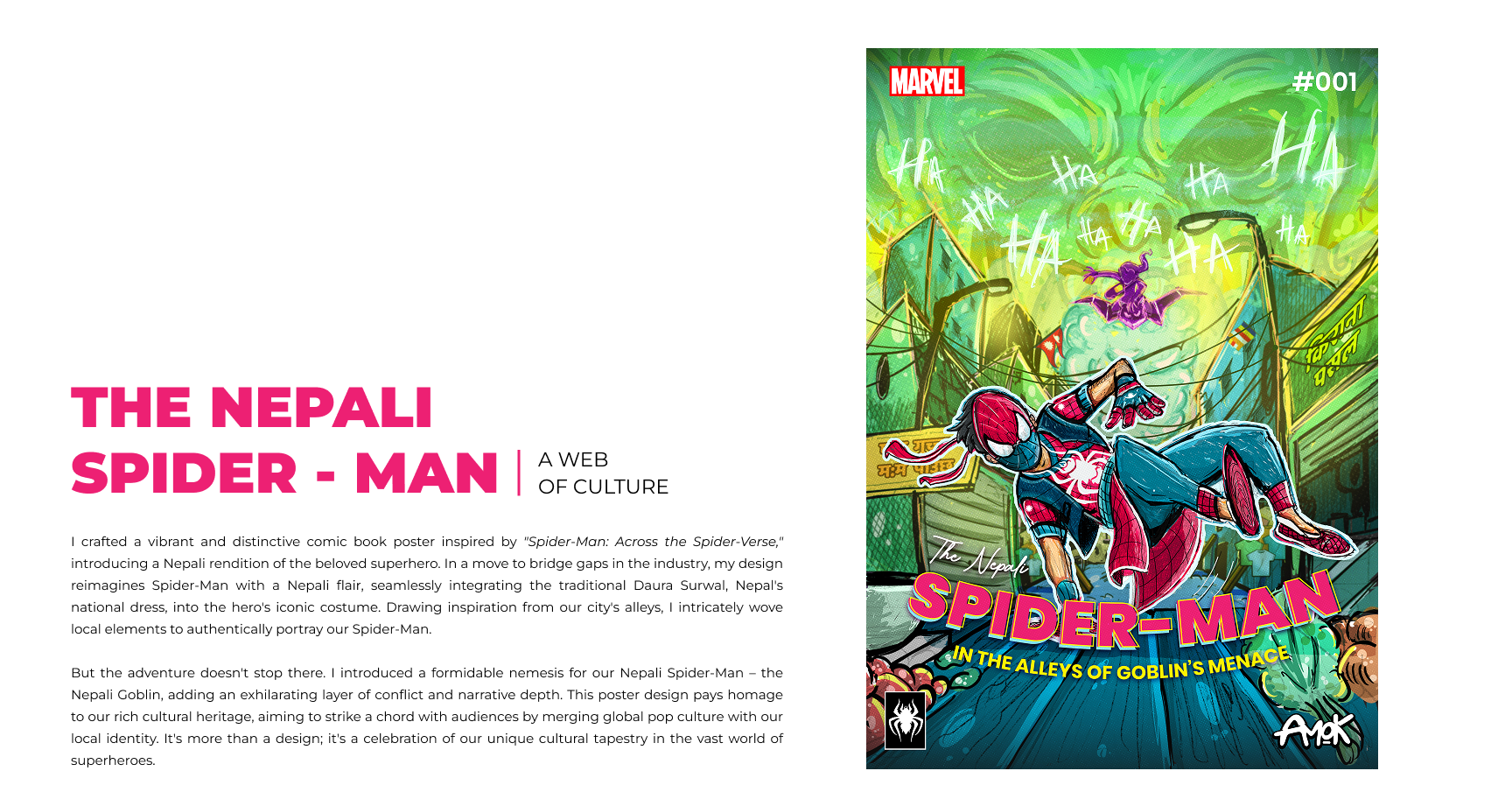 Comic book poster titled "The Nepali Spider-Man in the Alleys of Goblin's Menace" featuring a Nepali Spider-Man in an alleyway with goblin-themed background and a flying goblin in the sky, with vibrant colors and street elements.